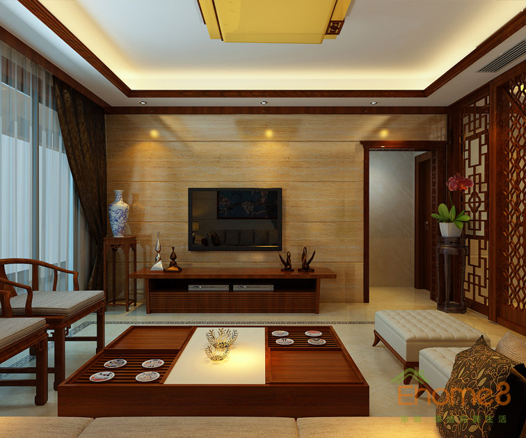 東岸花園中式風格客廳擺設裝修效果圖2