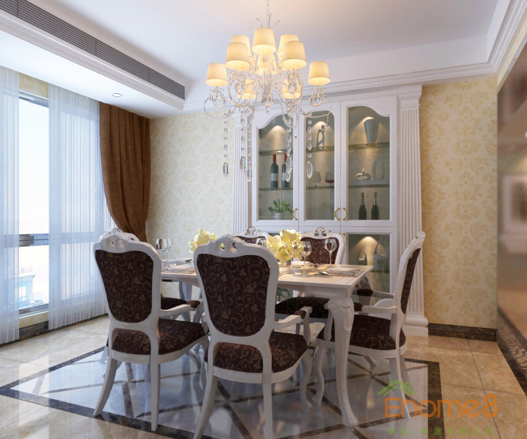 三房一廳108㎡歐式簡約餐廳吊燈餐桌裝修效果圖1