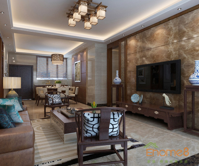 113㎡四房一廳中式風(fēng)格客廳全景裝修效果圖1122