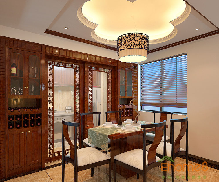 97㎡三房一廳中式原木風格餐廳裝修效果圖1