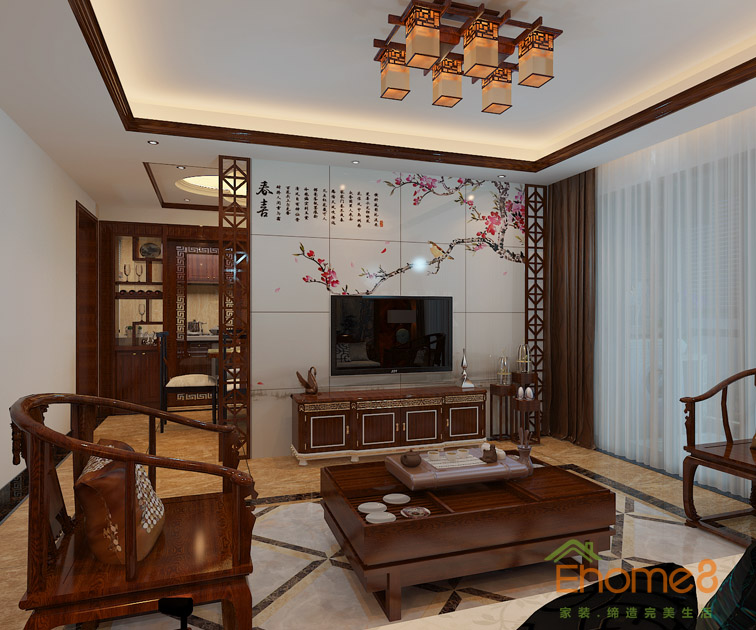 97㎡三房一廳中式原木風格客廳全景裝修效果圖1