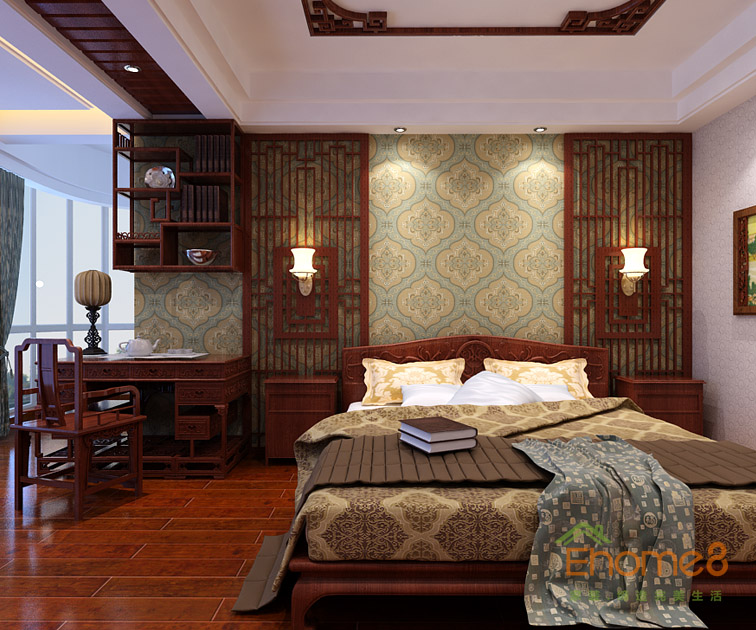 108㎡三房一廳中式風格主人房裝修效果圖.jpg