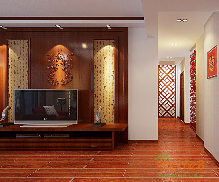98㎡三房一廳中式田園風格客廳電視背景墻裝修效果圖.jpg