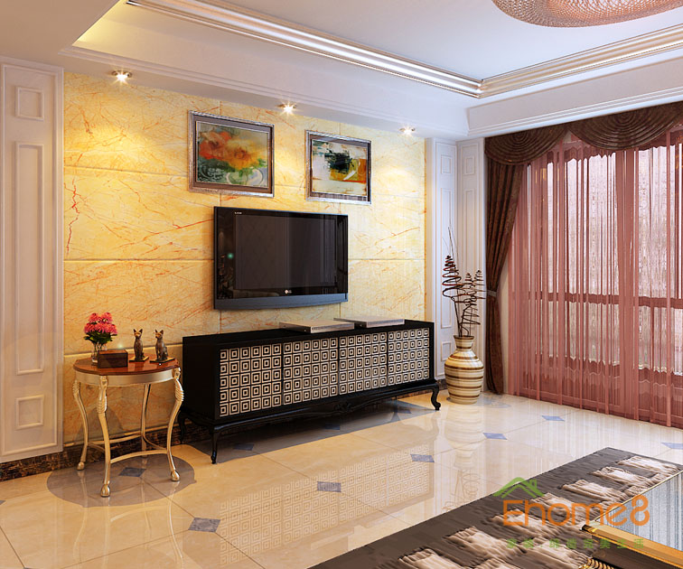 108㎡三房一廳法式風(fēng)格客廳電視墻裝修效果圖