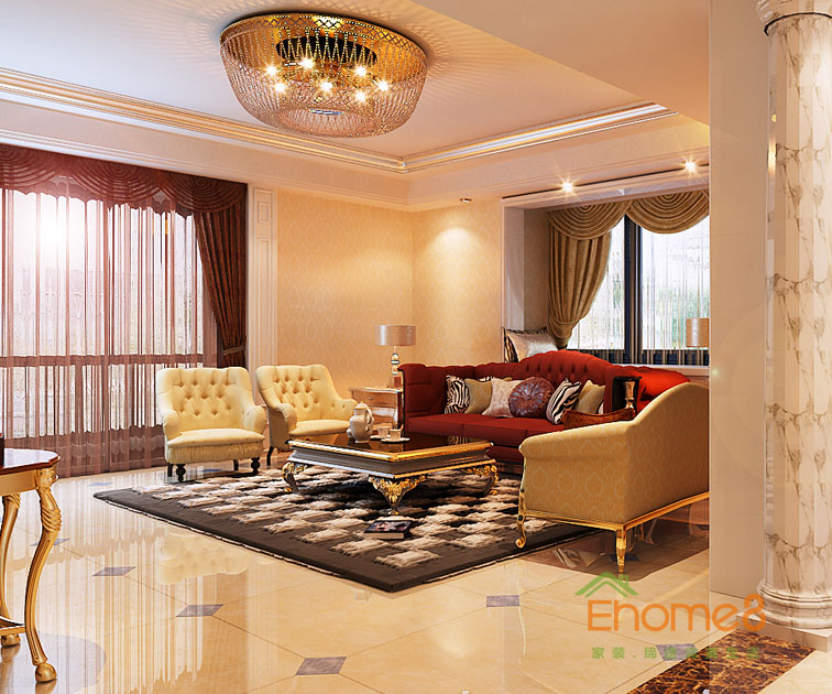 108㎡三房一廳法式風(fēng)格客廳吊燈沙發(fā)裝修效果圖