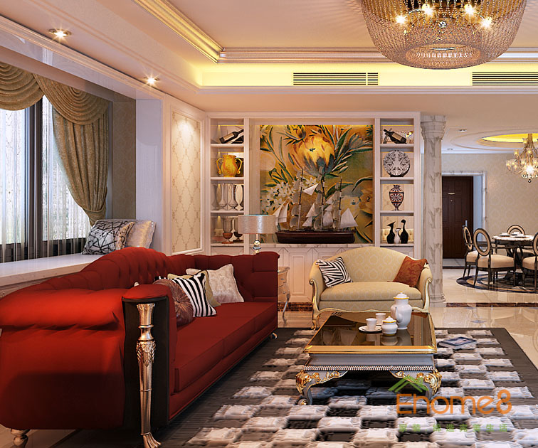 108㎡三房一廳法式風(fēng)格客廳吊燈沙發(fā)裝修效果圖9