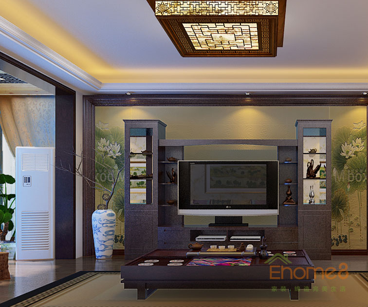 93㎡三房一廳中式原木風格客廳電視墻裝修效果圖