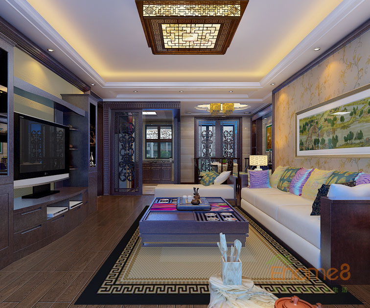 93㎡三房一廳中式原木風格客廳全景裝修效果圖78