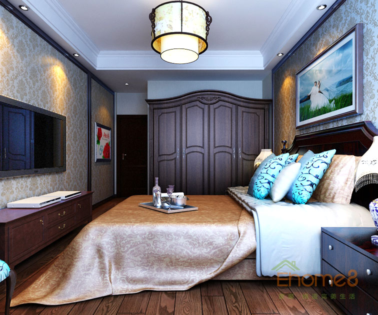 93㎡三房一廳中式原木風格主臥裝修效果圖