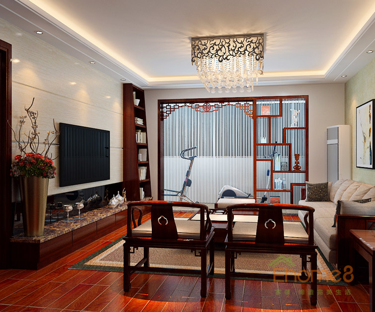 69㎡兩房一廳中式風格客廳全景裝修效果圖852