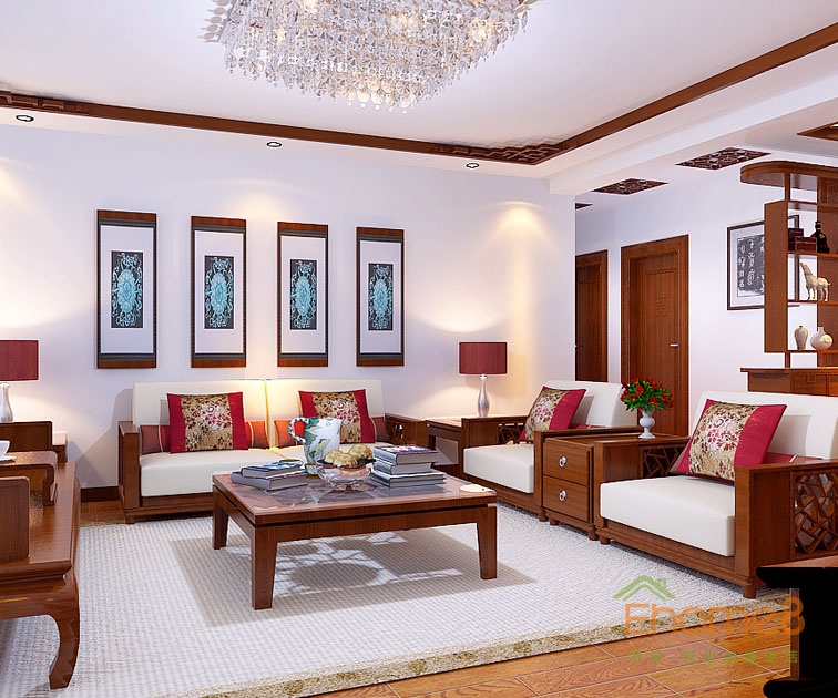 76㎡兩房一廳現代中式風格客廳沙發背景墻裝修效果圖