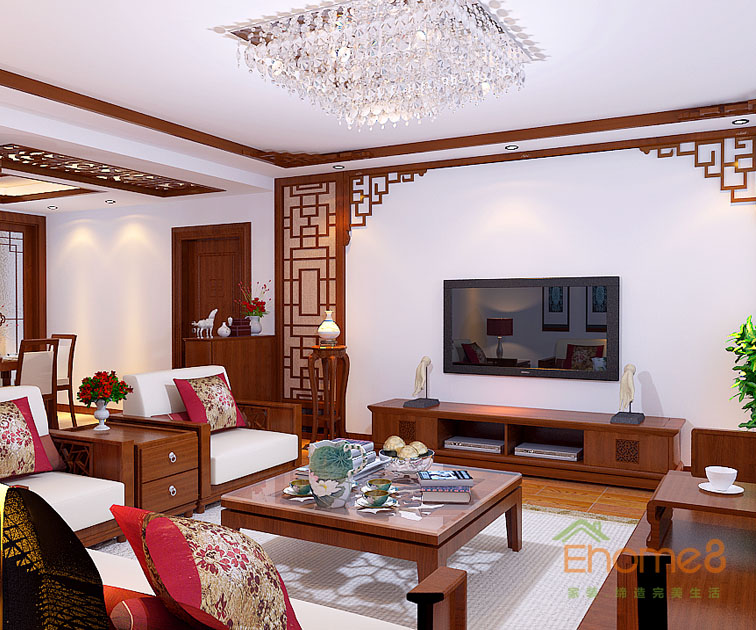 76㎡兩房一廳現代中式風格客廳裝修效果圖