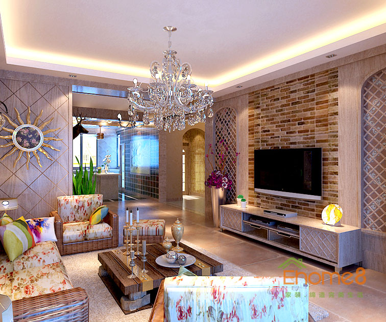 72㎡兩房一廳地中海風格客廳全景裝修效果圖