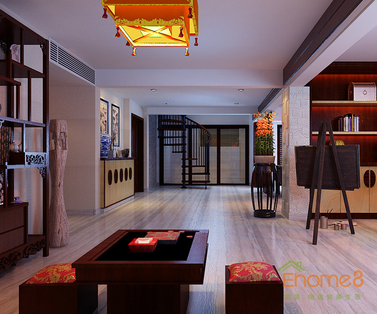 172㎡躍層中式田園風格一樓茶座裝修效果圖