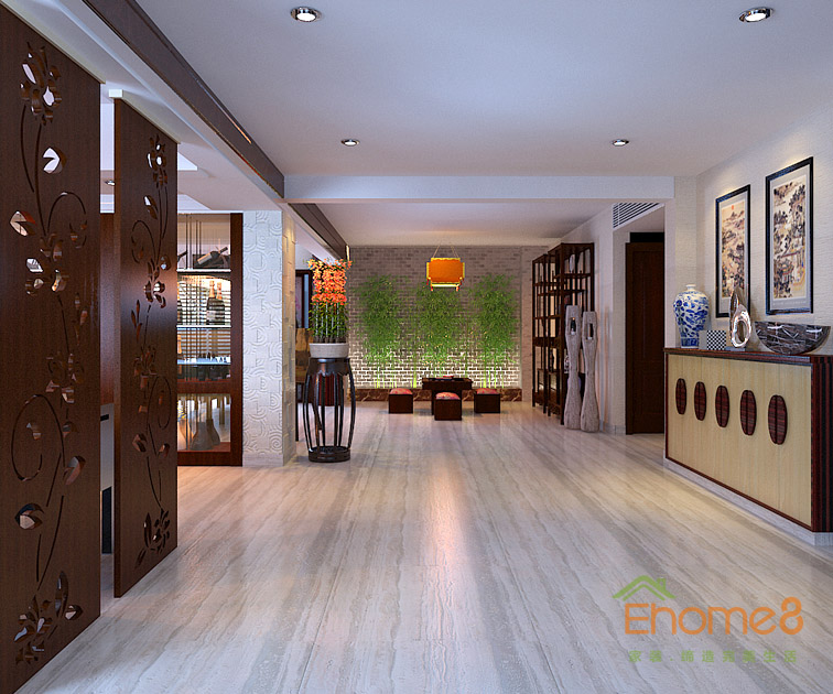 172㎡躍層中式田園風格一樓過道裝修效果圖