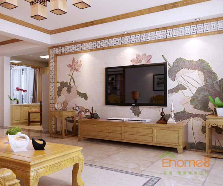 98㎡三房一廳中式原木風格客廳電視墻裝修效果圖