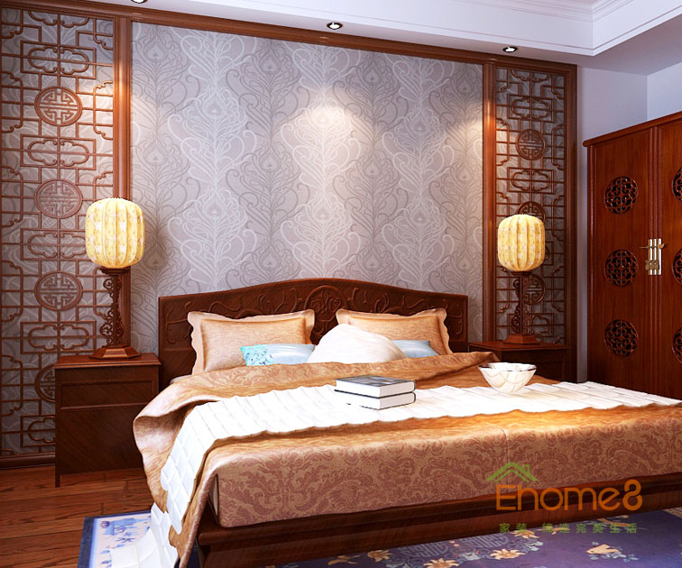 98㎡三房一廳中式原木風格主人房裝修效果圖