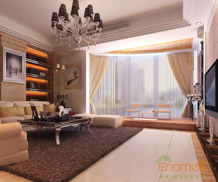 82㎡兩房一廳歐式風格客廳全景裝修效果圖