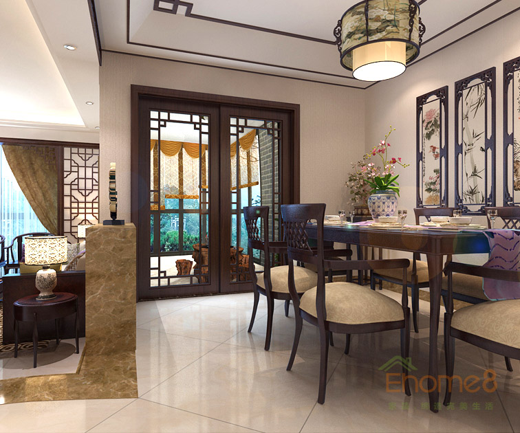 75㎡兩房一廳中式風(fēng)格餐廳全景裝修效果圖