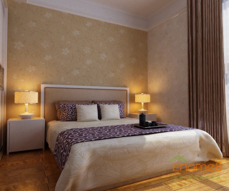 99㎡三房一廳現(xiàn)代中式風格主人房裝修效果圖